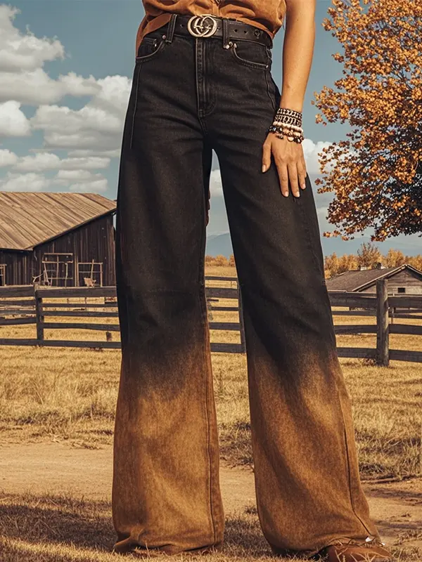 Women's Retro Western Gradient Bohemian Country Ethnic Printed Faux Denim Wide Leg Pants - Wantbright.com 