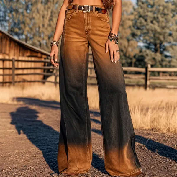 Women's Retro Western Printed Faux Denim Gradient Wash High-Waisted Flare Wide Leg Pants - Upgradecool.com 