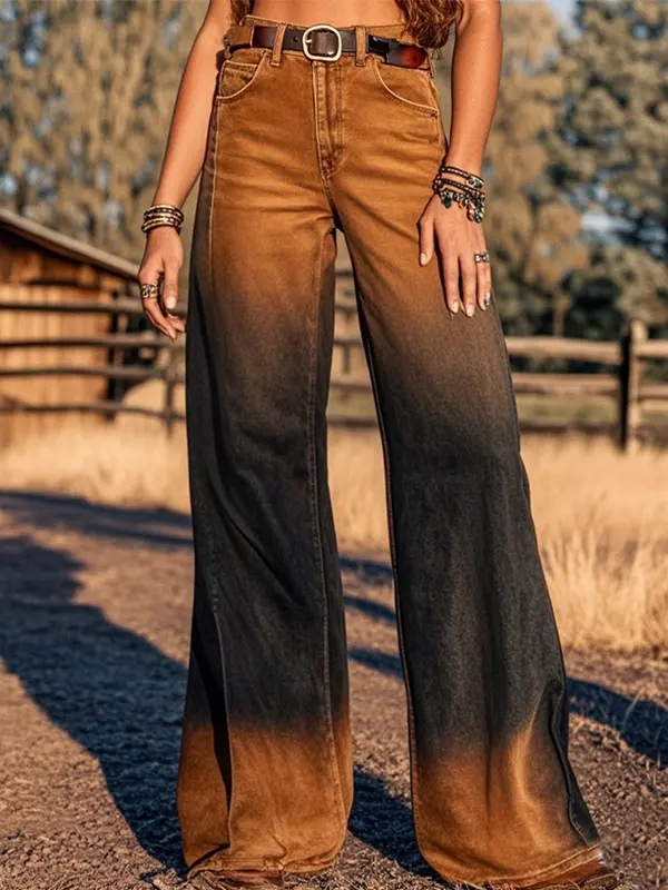 Women's Retro Western Printed Faux Denim Gradient Wash High-Waisted Flare Wide Leg Pants - Pragmaace.com 