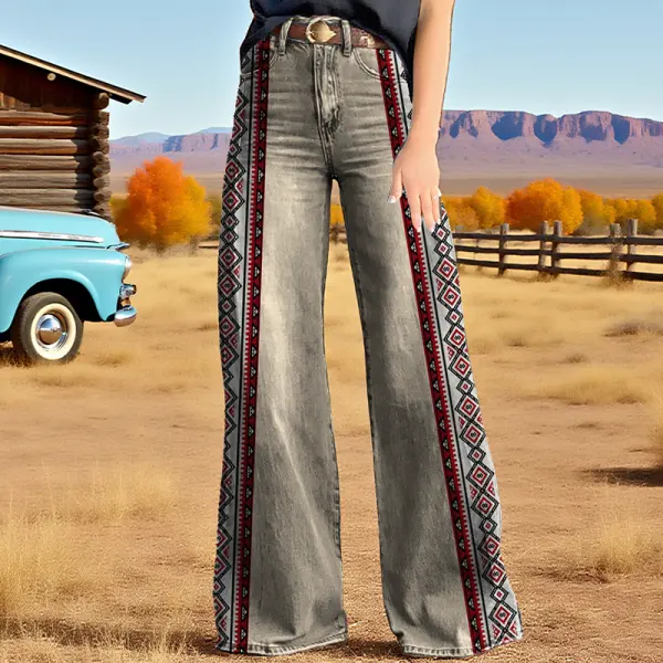 Women's Retro Western Country Aztec Style Printed Wide Leg Pants - Upgradecool.com 