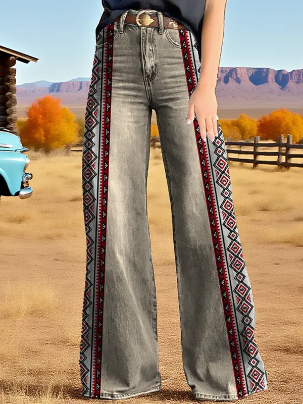 Women's Retro Western Country Aztec Style Printed Wide Leg Pants - Pragmaace.com 