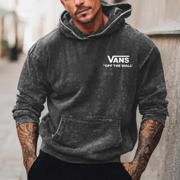 Men's Vintage Off The Wall Print Distressed Washed Heavy Pocket Long Sleeve Hoodie - Wayrates.com 