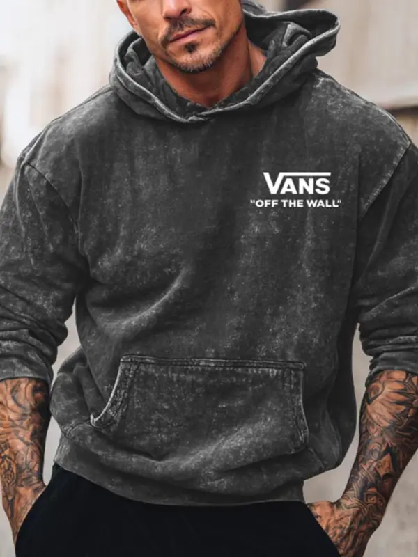 Men's Vintage Off The Wall Print Distressed Washed Heavy Pocket Long Sleeve Hoodie - Pragmaace.com 
