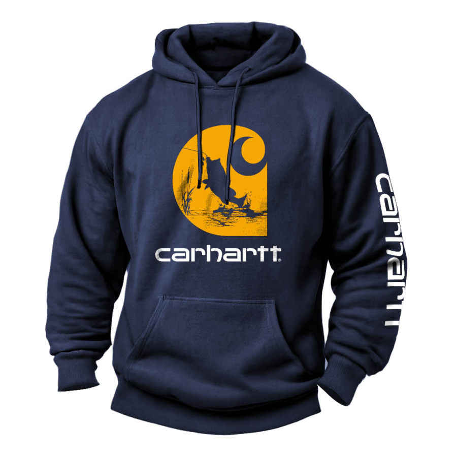 

Men's Vintage Fishing Print Pocket Long Sleeve Hoodie
