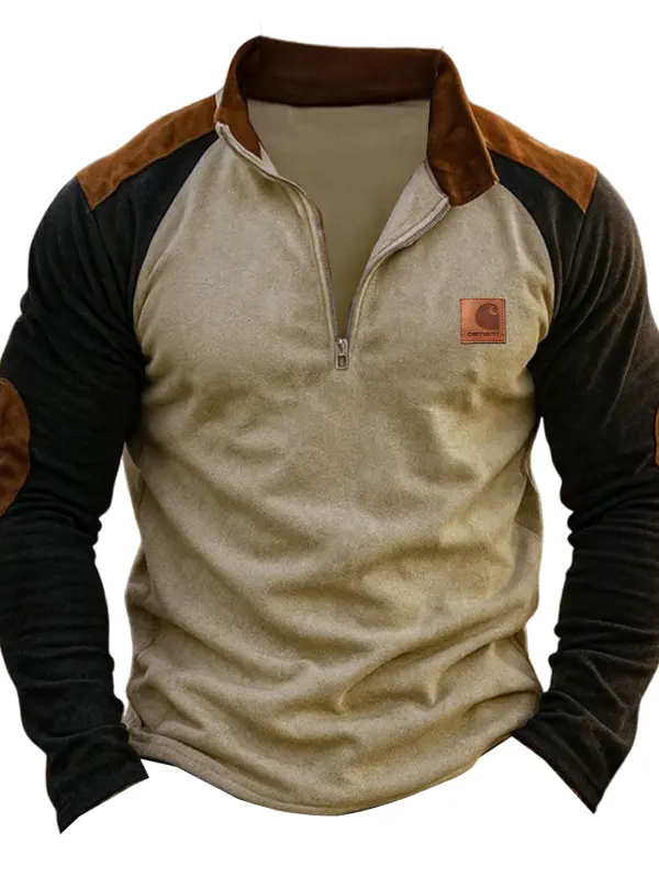 Men's Vintage Casual Half-Zip Suede Sweatshirt With Contrast Sleeves - Pragmaace.com 