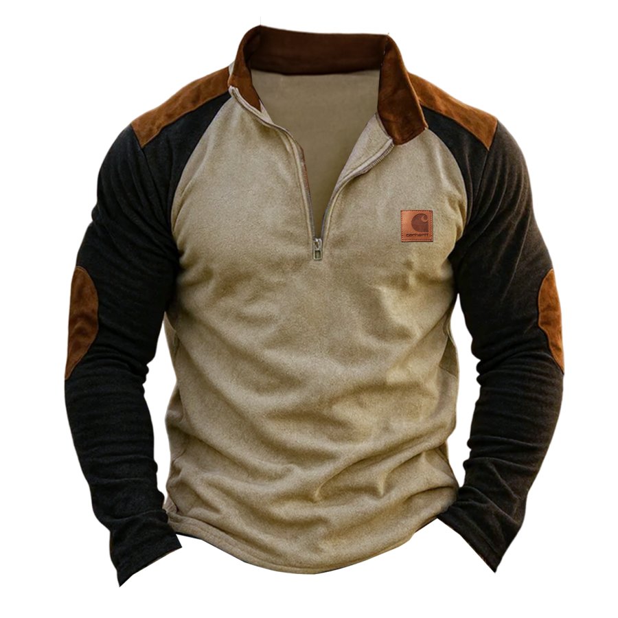 

Men's Vintage Casual Half-Zip Suede Sweatshirt With Contrast Sleeves