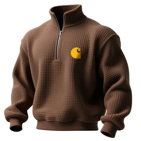 Vintage Waffle Half-Zip Stand Collar Sweatshirt - Wayrates.com 