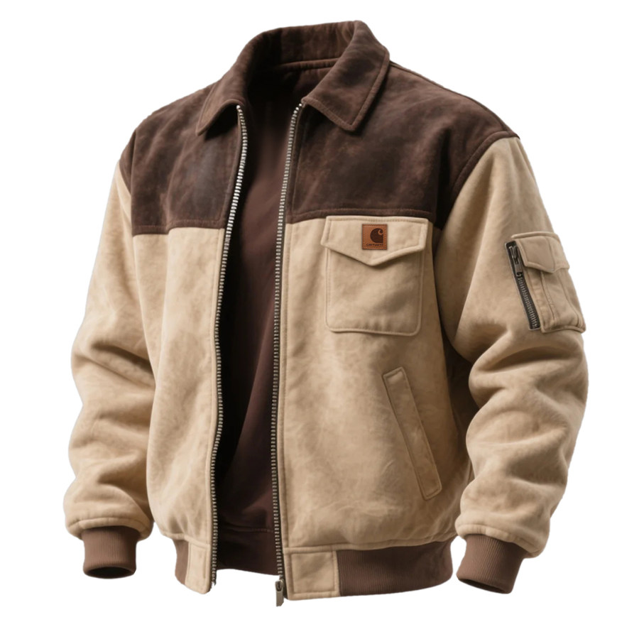 Retro Contrast Color Stitching Suede Lapel Jacket