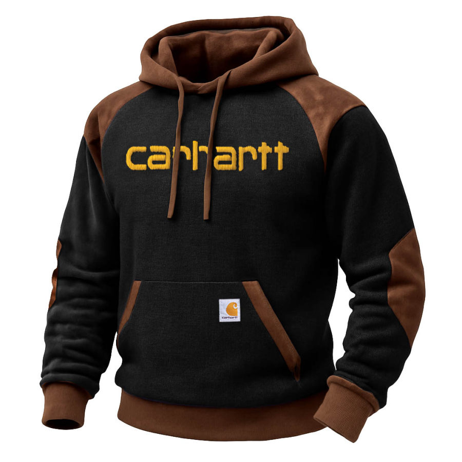 Carhartt Men's Vintage Western Cowboy Embroidered Black And Suede Brown Color Block Hoodie