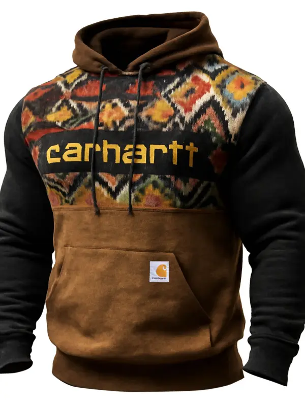 Carhartt Men's Vintage Western Cowboy Aztec Black And Suede Brown Splicing Hoodie - Menbarn.com 