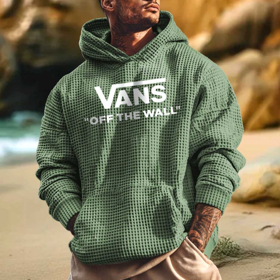 

Men's Vintage Off The Wall Printed Waffle Knit Pocket Long Sleeve Oversized Hoodie
