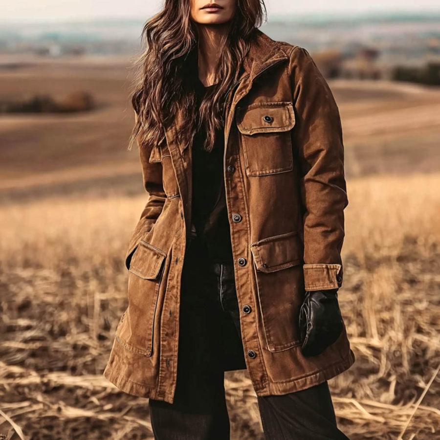 Women's Vintage Western Cowgirl Brown Multi-Pocket Corduroy Stand Collar Mid-Length Cargo Jacket