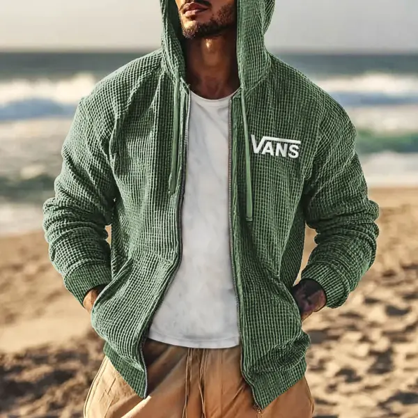Men's Vintage Off The Wall Embroidered Waffle Knit Pocket Long Sleeve Hoodie Jacket - Wayrates.com 