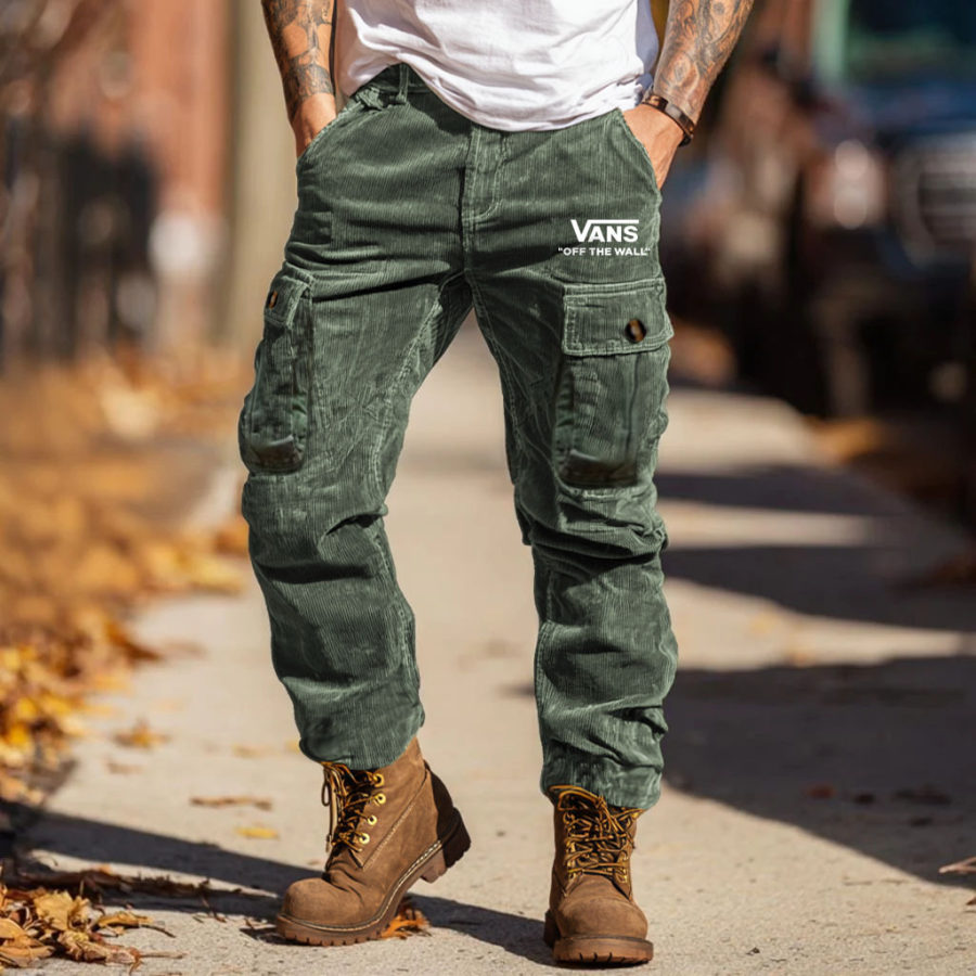Men's Vintage Corduroy Off The Wall Print Outdoor Multi-pocket Cargo Pants Trousers