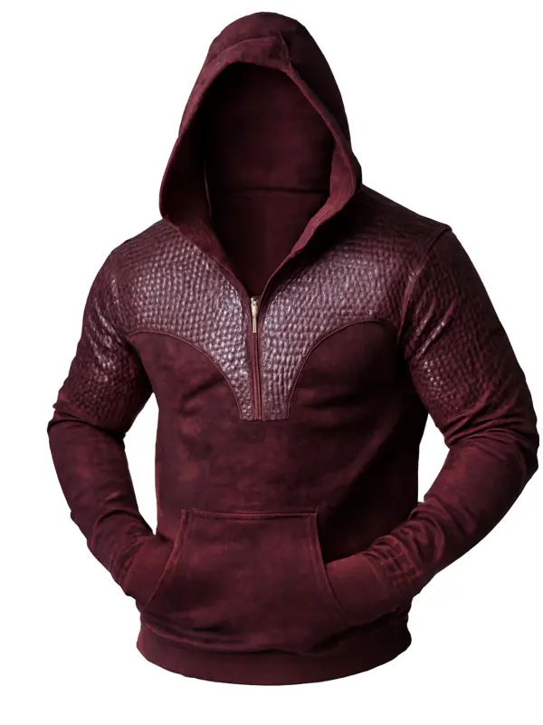 Men's Vintage Wine Red Textured Hooded Jacket With Zipper Detail - Wantbright.com 