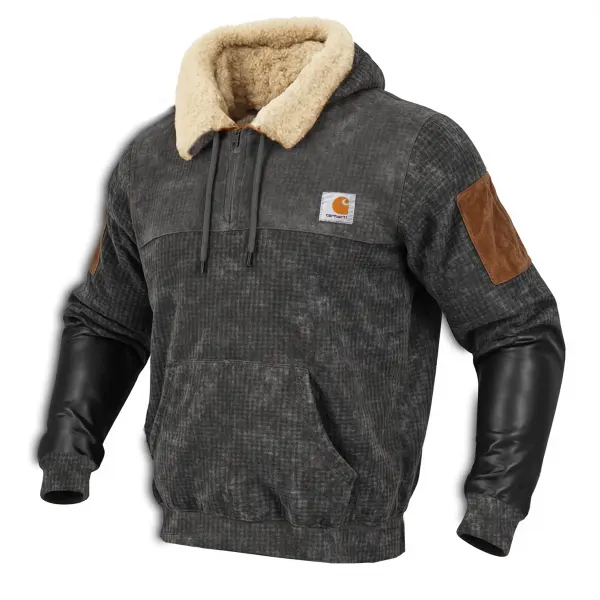Men's Vintage Winter Hoodie With Fleece Lining And Leather Sleeves - Wayrates.chimpone.com 