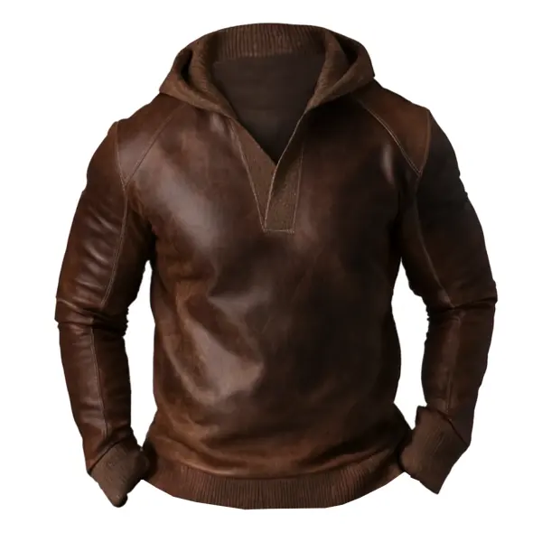 Men's Vintage Brown Leather Hooded Sweatshirt - Rabclub.com 