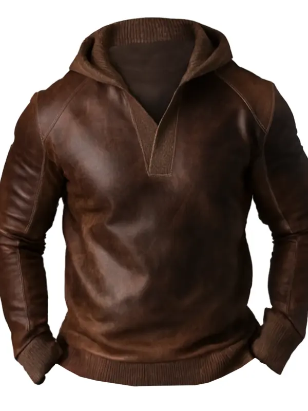 Men's Vintage Brown Leather Hooded Sweatshirt - Menbarn.com 