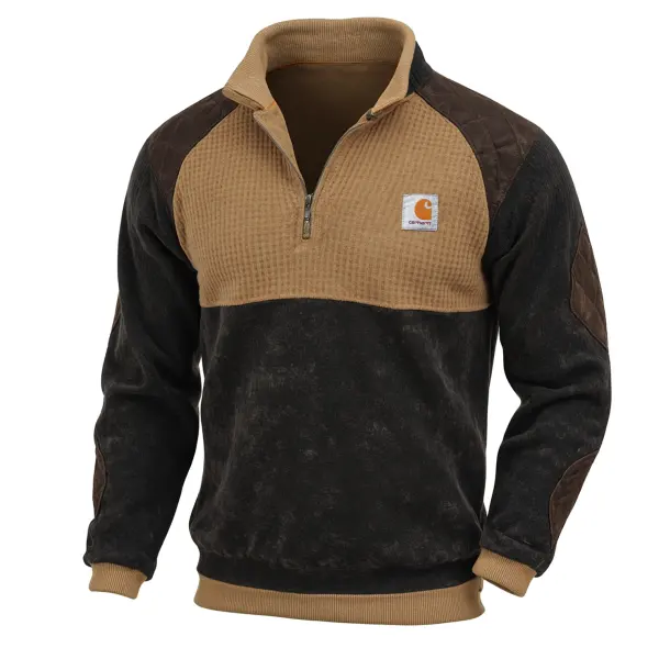 Men's Vintage Brown And Black Quilted Panel Quarter-Zip Pullover - Wayrates.com 