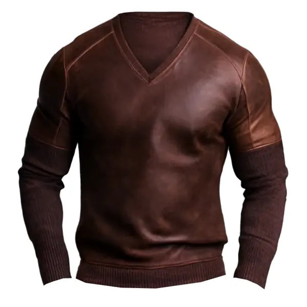 Men's Vintage Brown V-neck Sweatshirt With Leather Texture - Upgradecool.com 