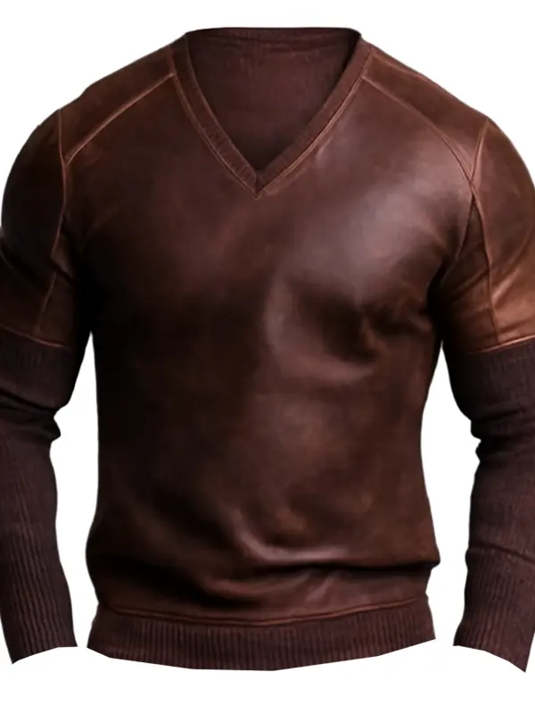 Men's Vintage Brown V-neck Sweatshirt With Leather Texture - Simplyion.com 