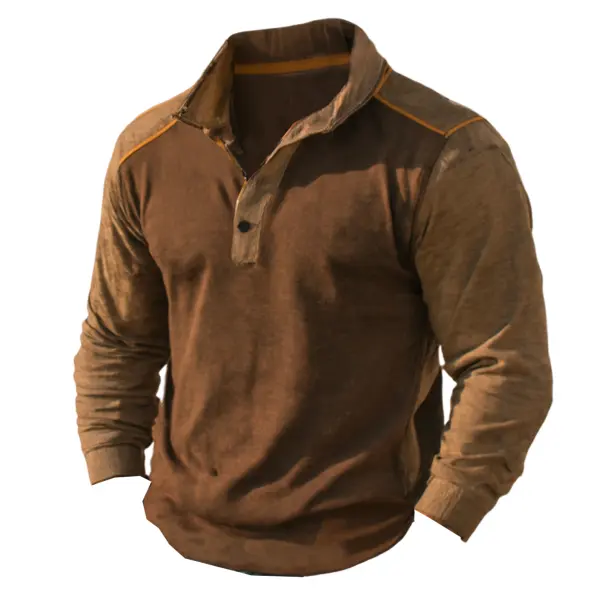 Men's Vintage Brown Henley Neck Sweatshirt - Upgradecool.com 