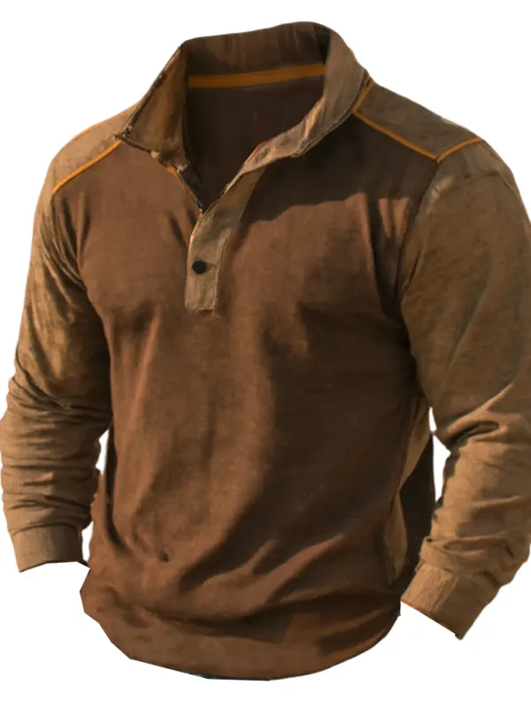 Men's Vintage Brown Henley Neck Sweatshirt - Simplyion.com 