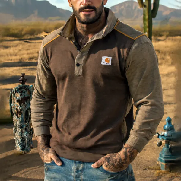 Men's Vintage Brown Henley Sweatshirt With Contrast Sleeves - Wayrates.com 