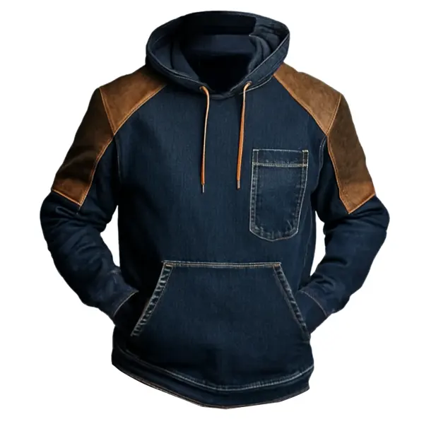 Men's Vintage Denim Hoodie With Contrast Sleeves And Chest Pocket - Rabclub.com 