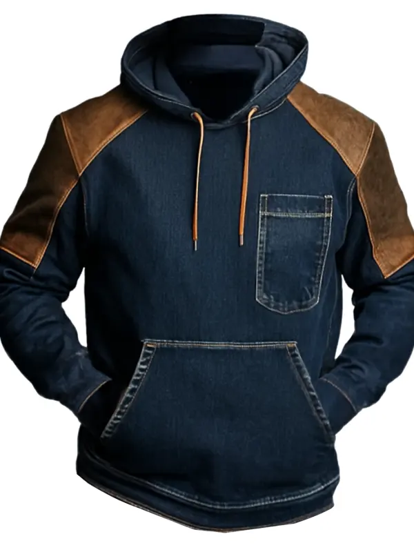 Men's Vintage Denim Hoodie With Contrast Sleeves And Chest Pocket - Wantbright.com 
