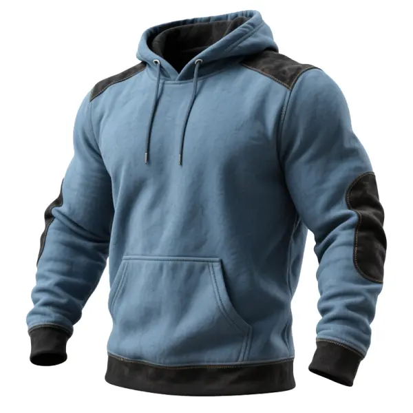 Suede Splicing With Plush Insulation Winter-Ready Hooded Sweatshirt With Reinforced Elbows And Contrast Trim - Wayrates.com 