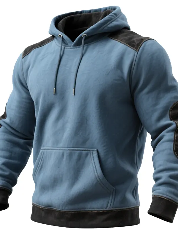 Suede Splicing With Plush Insulation Winter-Ready Hooded Sweatshirt With Reinforced Elbows And Contrast Trim - Simplyion.com 