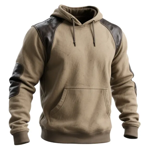 Leather Splicing Hooded Sweatshirt With Contrast Sleeves For Ultimate Comfort And Style - Wayrates.com 