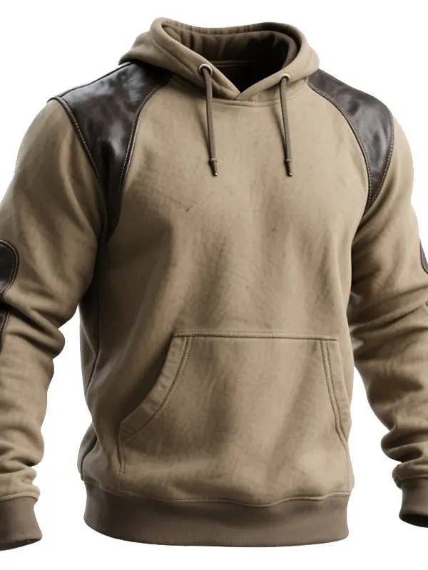 Leather Splicing Hooded Sweatshirt With Contrast Sleeves For Ultimate Comfort And Style - Simplyion.com 