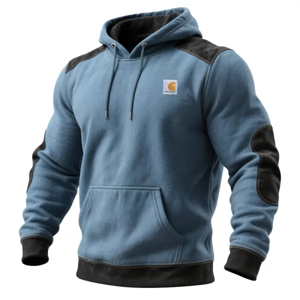 Suede Splicing With Plush Insulation Winter-Ready Hooded Sweatshirt With Reinforced Elbows And Contrast Trim - Upgradecool.com 