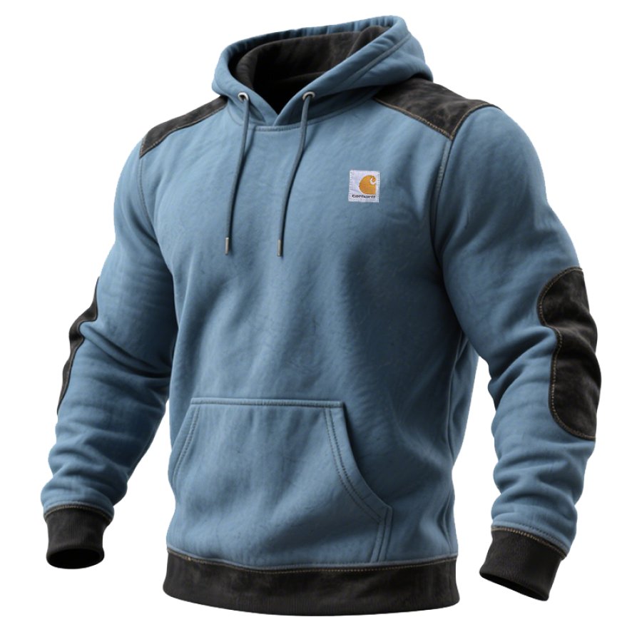Suede Splicing With Plush Insulation Winter-Ready Hooded Sweatshirt With Reinforced Elbows And Contrast Trim