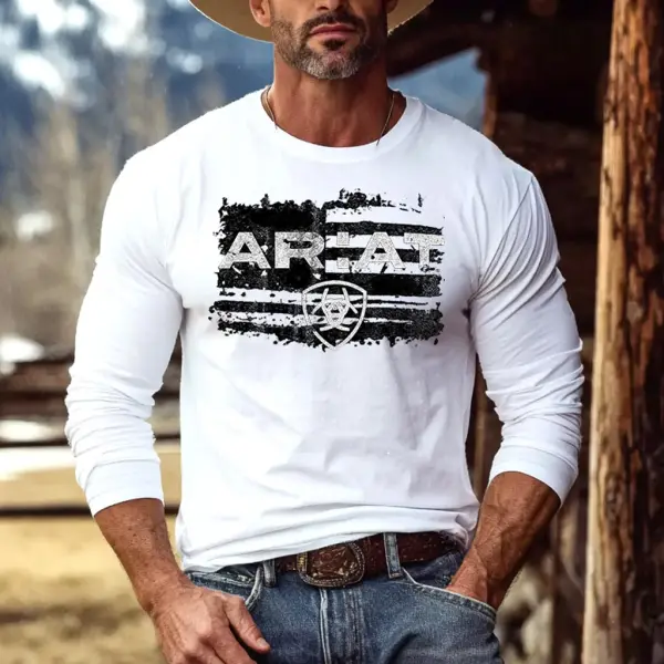 Men's Vintage Western Cowboy Logo American Flag Print Casual Round Neck Long Sleeve T-Shirt - Wayrates.com 
