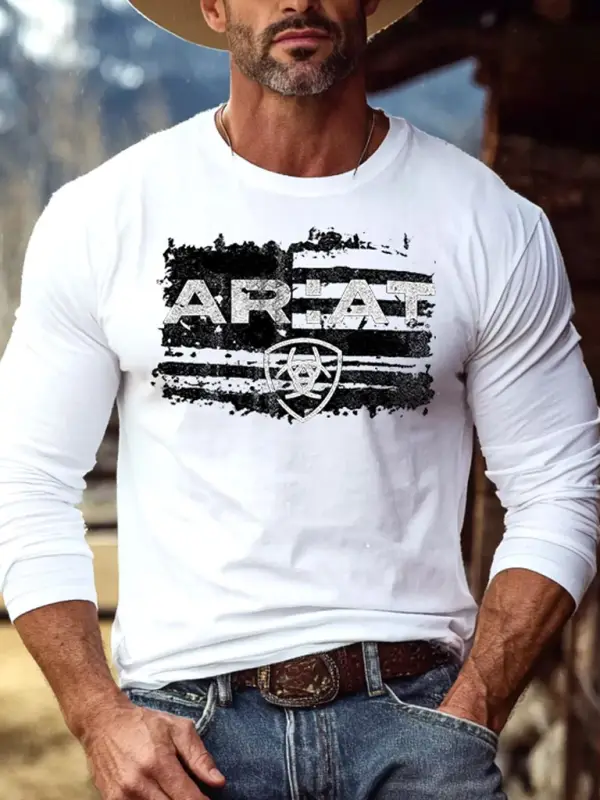 Men's Vintage Western Cowboy Logo American Flag Print Casual Round Neck Long Sleeve T-Shirt - Pragmaace.com 