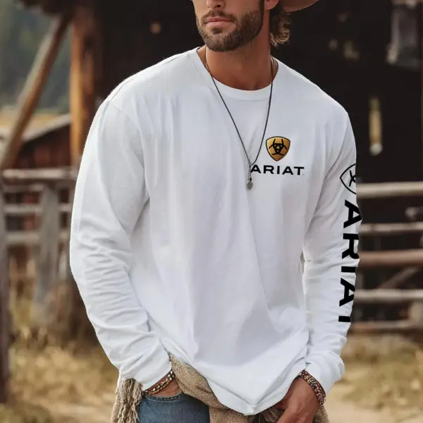 Men's Vintage Western Cowboy Logo Casual Round Neck Long Sleeve T-Shirt - Wayrates.com 