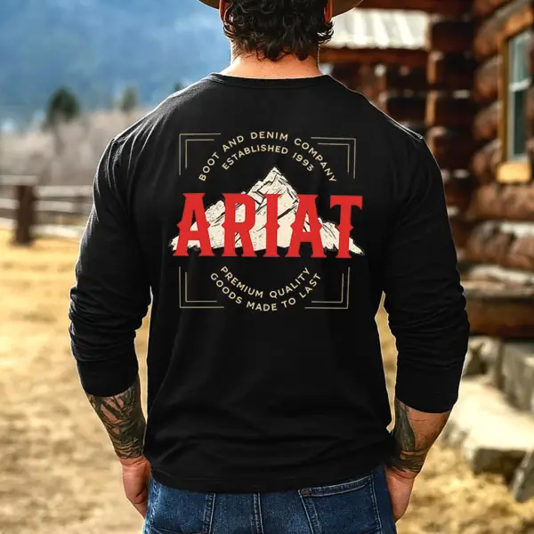 Men's Vintage Western Cowboy Logo Mountain Print Casual Round Neck Long Sleeve T-Shirt - Wayrates.com 