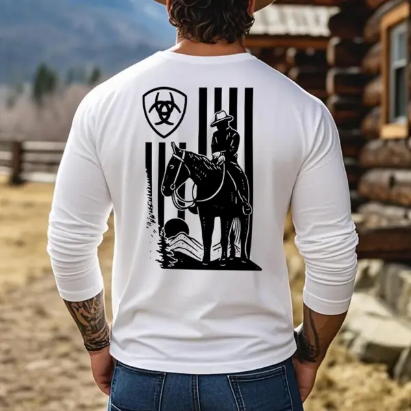 Men's Vintage Western Cowboy Logo American Flag Riding Print Casual Round Neck Long Sleeve T-Shirt - Wayrates.com 
