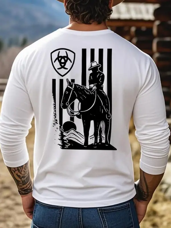 Men's Vintage Western Cowboy Logo American Flag Riding Print Casual Round Neck Long Sleeve T-Shirt - Pragmaace.com 