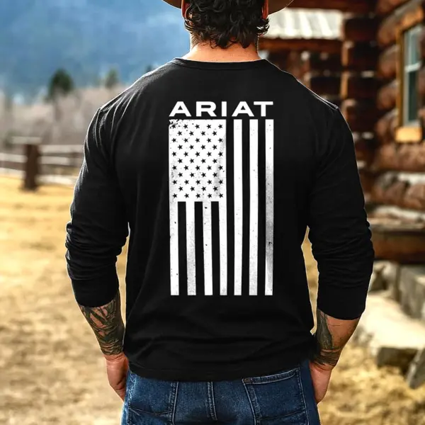Men's Vintage Western Cowboy Logo American Flag Print Casual Round Neck Long Sleeve T-Shirt - Wayrates.com 