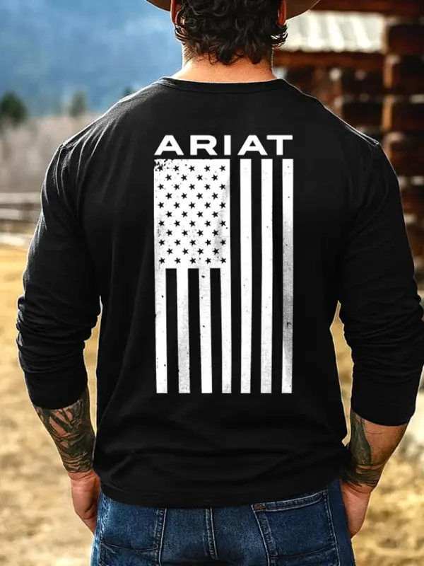 Men's Vintage Western Cowboy Logo American Flag Print Casual Round Neck Long Sleeve T-Shirt - Pragmaace.com 