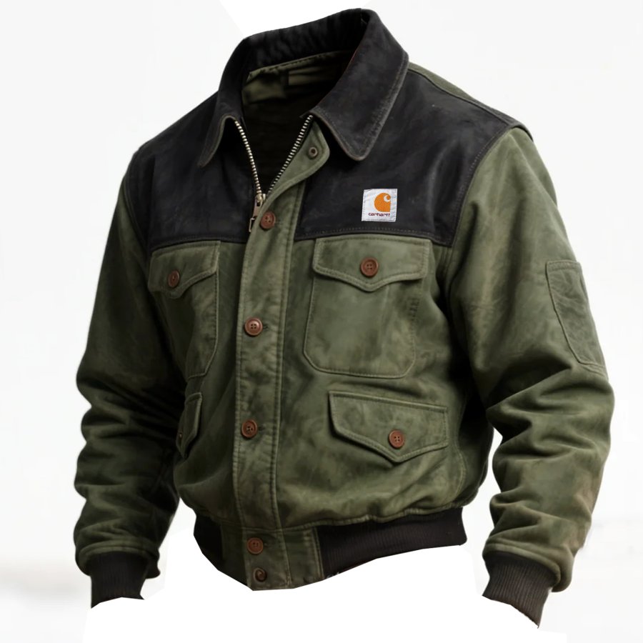 

Carhartt Men's Vintage Green Suede And Black Work Jacket With Button Closure