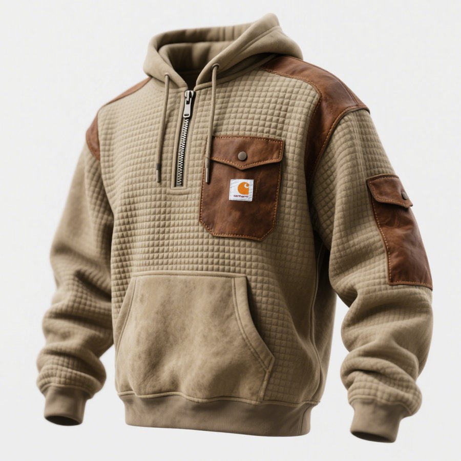 

Men's Vintage Quilted Hoodie With Leather Accents