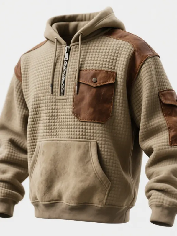 Men's Vintage Quilted Suede Hoodie With Leather Accents - Menbarn.com 