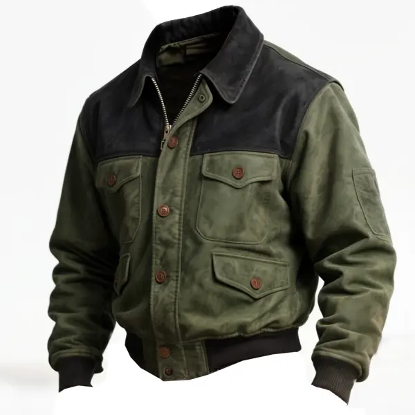 Men's Vintage Green And Black Suede Leather-Trimmed Jacket - Upgradecool.com 
