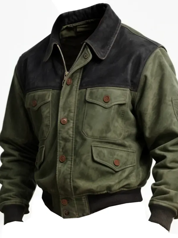 Men's Vintage Green And Black Suede Leather-Trimmed Jacket - Simplyion.com 