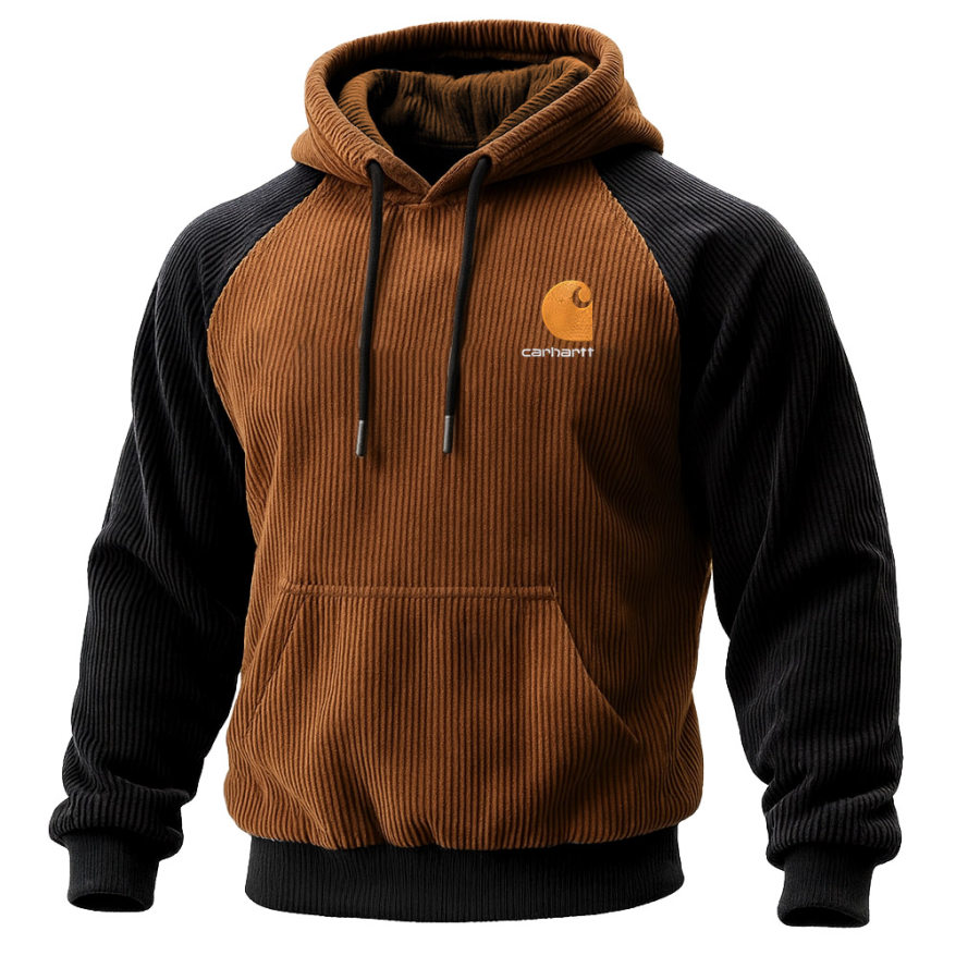 

Men's Vintage Corduroy Western Cowboy Brown And Black Pocket Raglan Long Sleeve Hoodie